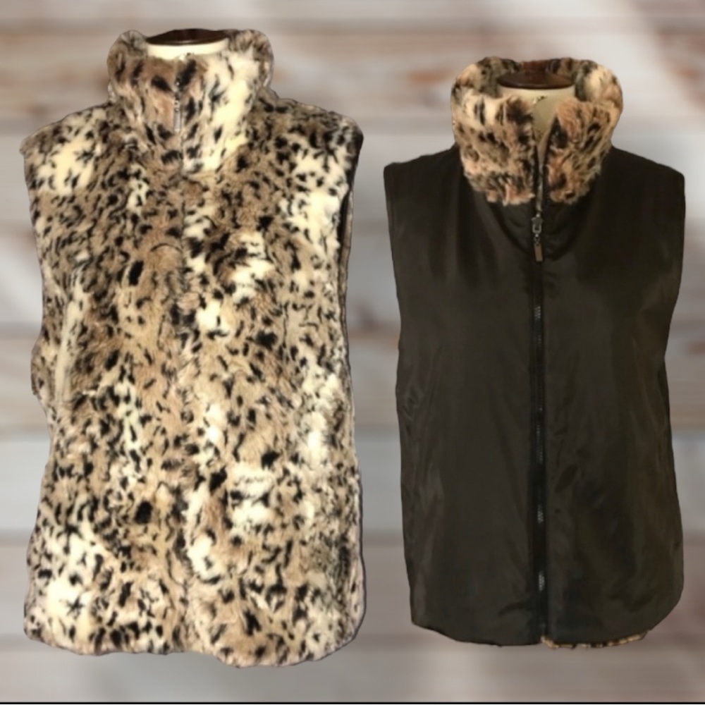Giacca Gallery Company Leopard Animal Print Faux Fur Reversible Zip Vest Large